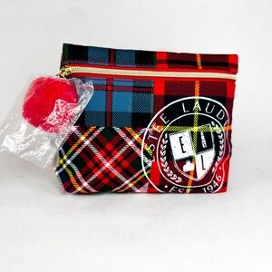 Estée Lauder Plaid Tartan Cosmetic Bag w/ Red Pom Pom – NWT Recycled Fabric